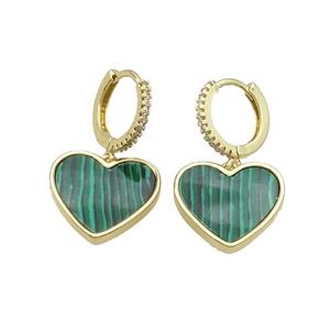 Copper Hoop Earring Pave Zircon Green Malachite Heart Gold Plated, approx 16mm, 14mm dia