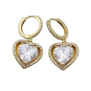 Copper Hoop Earring Pave Clear Crystal Heart Gold Plated, approx 15mm, 14mm dia