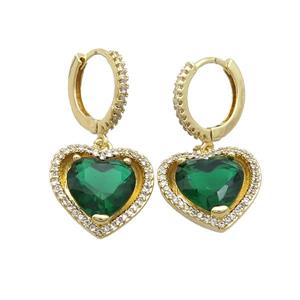 Copper Hoop Earring Pave Green Crystal Heart Gold Plated, approx 15mm, 14mm dia