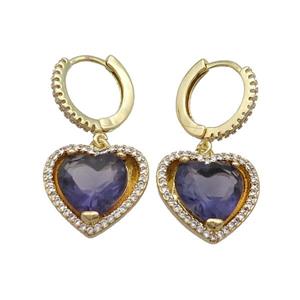 Copper Hoop Earring Pave Purple Crystal Heart Gold Plated, approx 15mm, 14mm dia