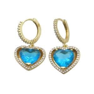 Copper Hoop Earring Pave Aqua Crystal Heart Gold Plated, approx 15mm, 14mm dia