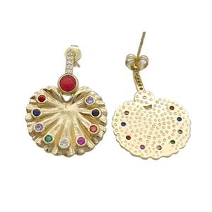Copper Stud Earring Pave Zircon Peacock Screen Circle Gold Plated, approx 20mm