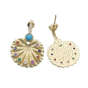Copper Stud Earring Pave Zircon Peacock Screen Circle Gold Plated, approx 20mm