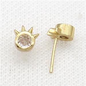 Copper Stud Earring Pave Zircon Gold Plated, approx 7.5-8.5mm