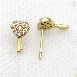Copper Stud Earring Pave Zircon Key Gold Plated, approx 6.5-10.5mm