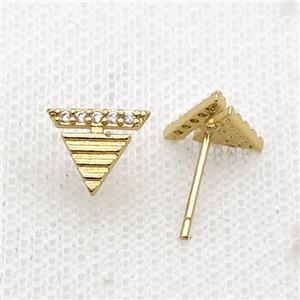 Copper Stud Earring Pave Zircon Triangle Gold Plated, approx 10mm