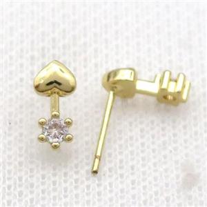 Copper Stud Earring Pave Zircon Cupid Heart Gold Plated, approx 5-11mm