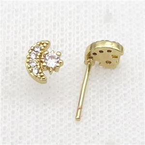 Copper Stud Earring Pave Zircon Moon Gold Plated, approx 7.5mm