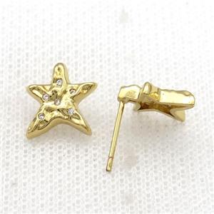Copper Stud Earring Star Pave Zircon Gold Plated, approx 11-12mm