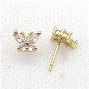 Copper Stud Earring Pave Zircon Butterfly Gold Plated, approx 7-9mm