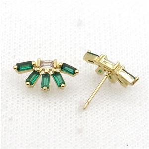 Copper Stud Earring Pave Green Zircon Gold Plated, approx 8.5-17mm