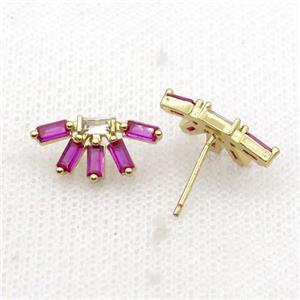 Copper Stud Earring Pave Hotpink Zircon Gold Plated, approx 8.5-17mm