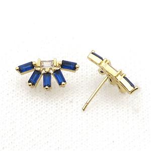 Copper Stud Earring Pave Blue Zircon Gold Plated, approx 8.5-17mm
