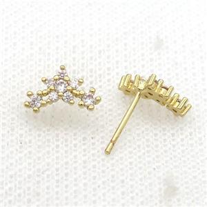 Copper Stud Earring Pave Zircon Crown Gold Plated, approx 7-12mm