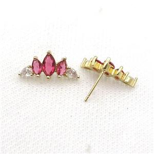 Copper Stud Earring Pave Red Zircon Crown Gold Plated, approx 9.5-19mm