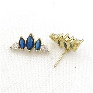Copper Stud Earring Pave Blue Zircon Crown Gold Plated, approx 9.5-19mm