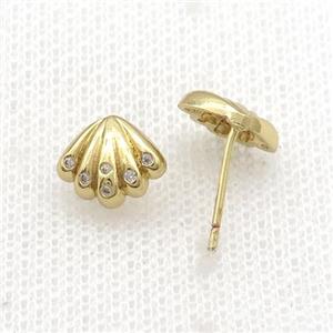 Copper Stud Earring Pave Zircon Conch Gold Plated, approx 10mm