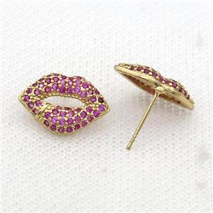 Copper Stud Earring Pave Zircon Lip Gold Plated, approx 11-17mm