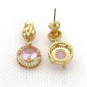 Copper Stud Earring Pave Zircon Pink Crystal Gold Plated, approx 12mm, 7-9mm