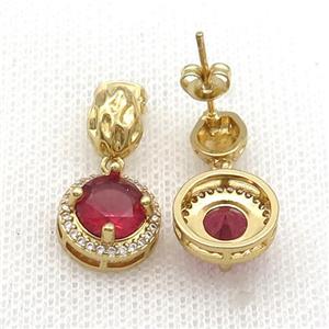 Copper Stud Earring Pave Zircon Red Crystal Gold Plated, approx 12mm, 7-9mm