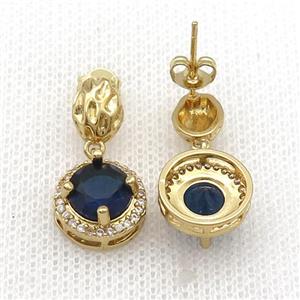 Copper Stud Earring Pave Zircon Blue Crystal Gold Plated, approx 12mm, 7-9mm