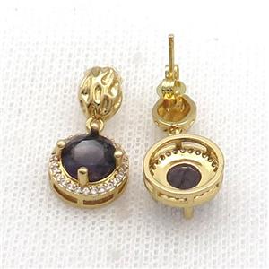 Copper Stud Earring Pave Zircon Purple Crystal Gold Plated, approx 12mm, 7-9mm