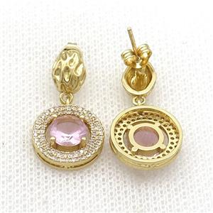 Copper Stud Earring Pave Zircon Pink Crystal Gold Plated, approx 14mm, 7-9mm