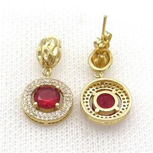 Copper Stud Earring Pave Zircon Red Crystal Gold Plated, approx 14mm, 7-9mm