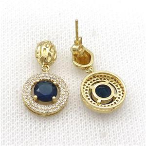 Copper Stud Earring Pave Zircon Blue Crystal Gold Plated, approx 14mm, 7-9mm