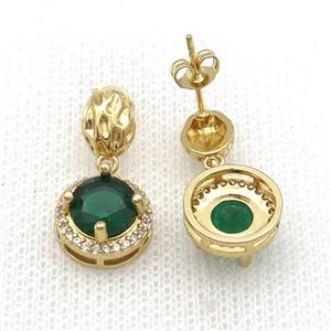 Copper Stud Earring Pave Zircon Green Crystal Gold Plated, approx 14mm, 7-9mm
