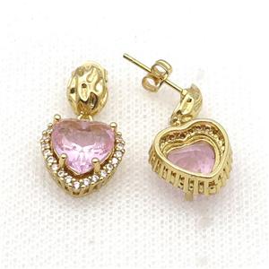 Copper Stud Earring Pave Zircon Pink Crystal Heart Gold Plated, approx 13.5-14mm, 7-9mm