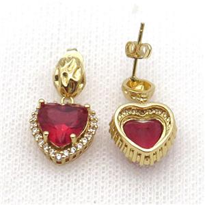 Copper Stud Earring Pave Zircon Red Crystal Heart Gold Plated, approx 13.5-14mm, 7-9mm