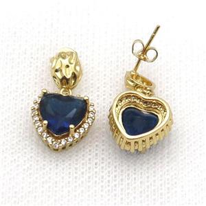 Copper Stud Earring Pave Zircon Blue Crystal Heart Gold Plated, approx 13.5-14mm, 7-9mm
