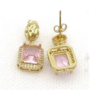Copper Stud Earring Pave Zircon Pink Crystal Rectangle Gold Plated, approx 12-14mm, 7-9mm