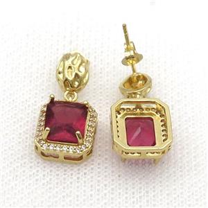 Copper Stud Earring Pave Zircon Red Crystal Rectangle Gold Plated, approx 12-14mm, 7-9mm