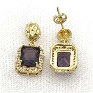 Copper Stud Earring Pave Zircon Purple Crystal Rectangle Gold Plated, approx 12-14mm, 7-9mm
