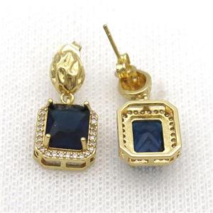 Copper Stud Earring Pave Zircon Blue Crystal Rectangle Gold Plated, approx 12-14mm, 7-9mm