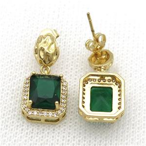 Copper Stud Earring Pave Zircon Green Crystal Rectangle Gold Plated, approx 12-14mm, 7-9mm