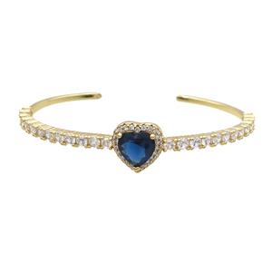 Copper Heart Bangle Pave Zircon Blue Crystal Gold Plated, approx 14mm, 50-60mm