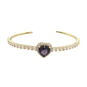 Copper Heart Bangle Pave Zircon Purple Crystal Gold Plated, approx 14mm, 50-60mm