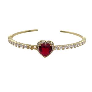 Copper Heart Bangle Pave Zircon Red Crystal Gold Plated, approx 14mm, 50-60mm