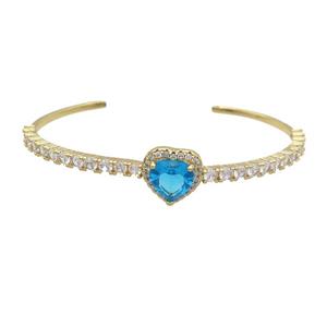 Copper Heart Bangle Pave Zircon Aqua Crystal Gold Plated, approx 14mm, 50-60mm