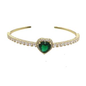 Copper Heart Bangle Pave Zircon Green Crystal Gold Plated, approx 14mm, 50-60mm