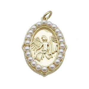 Copper Angel Pendant With Pearlized Glass Oval Gold Plated, approx 22-30mm