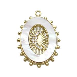 Copper Oval Pendant Pave Zircon White Shell Moon Gold Plated, approx 18-25mm