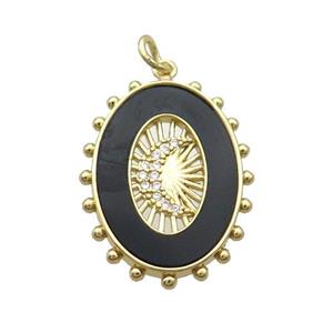 Copper Oval Pendant Pave Zircon Black Agate Moon Gold Plated, approx 18-25mm