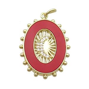 Copper Oval Pendant Pave Zircon Red Agate Moon Gold Plated, approx 18-25mm