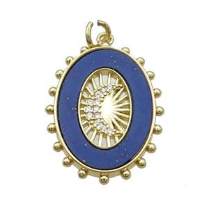 Copper Oval Pendant Pave Zircon Blue Lapis Moon Gold Plated, approx 18-25mm