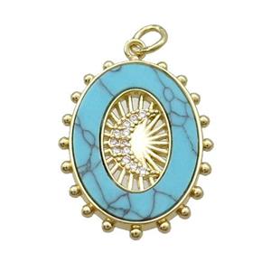 Copper Oval Pendant Pave Zircon Blue Turquoise Moon Gold Plated, approx 18-25mm