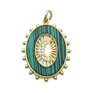 Copper Oval Pendant Pave Zircon Green Malachite Moon Gold Plated, approx 18-25mm